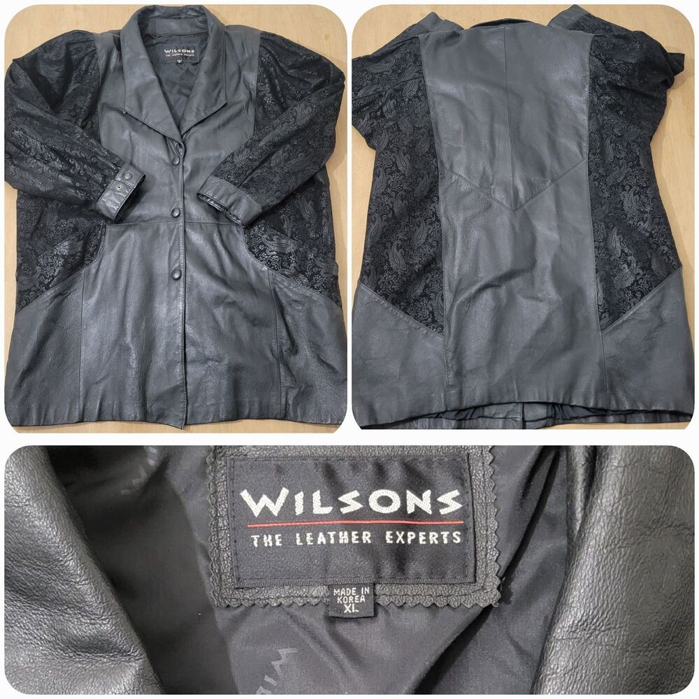 Wilsons Leather Jacket Womens Size XL Paisley Print Black Button Up FLAW!